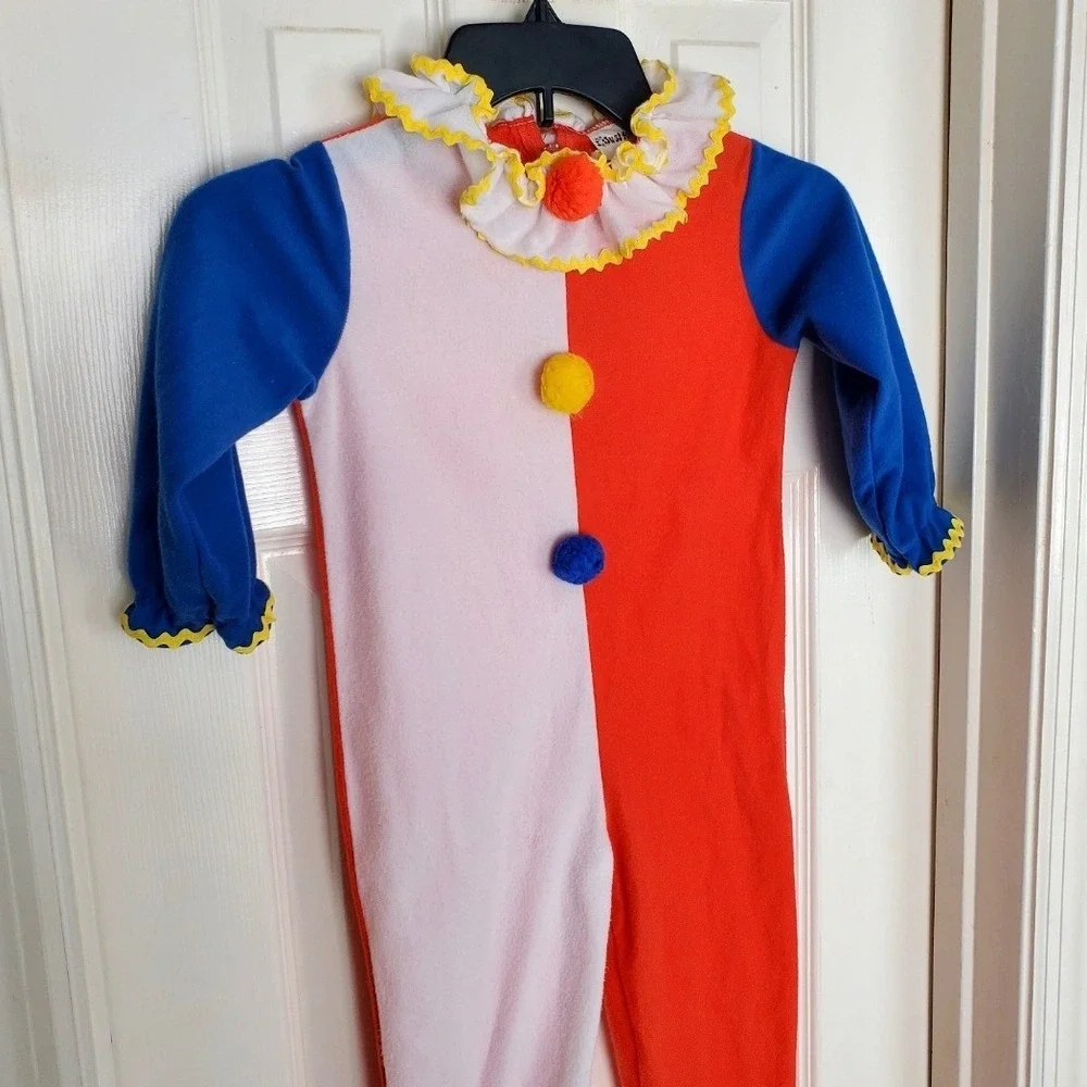 Vintage 80's Clown‎ Costume Multicolor Ruffle Pom Pom Halloween Dress Up Med 3/4